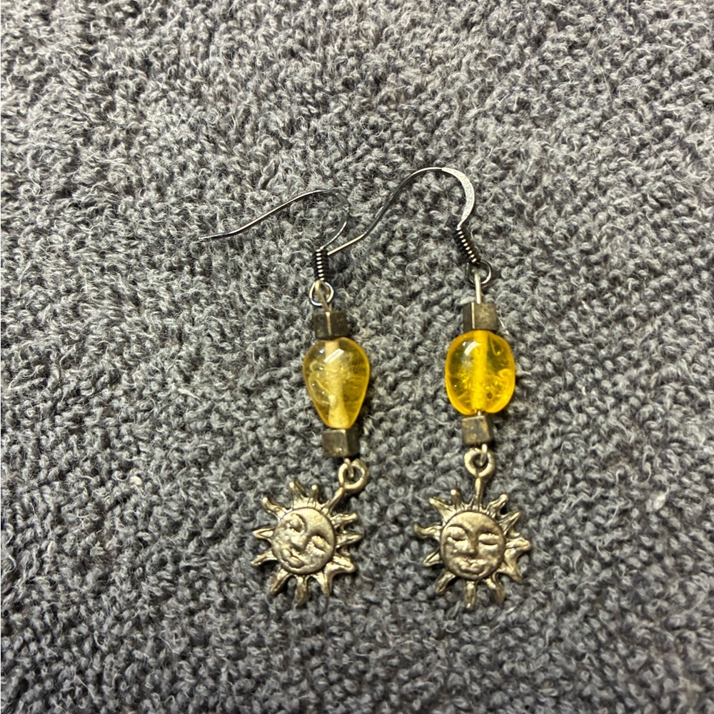 Sun Charm Yellow Glass Bead Dangle Earrings